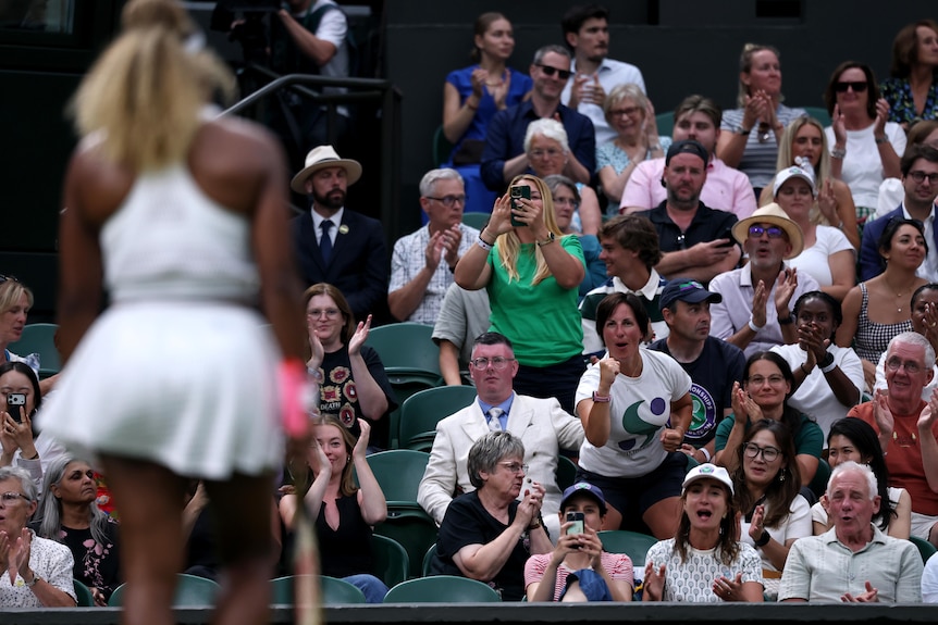 THe Wimbledon crowd cheers for Serena Williams, blurry in the foreground.