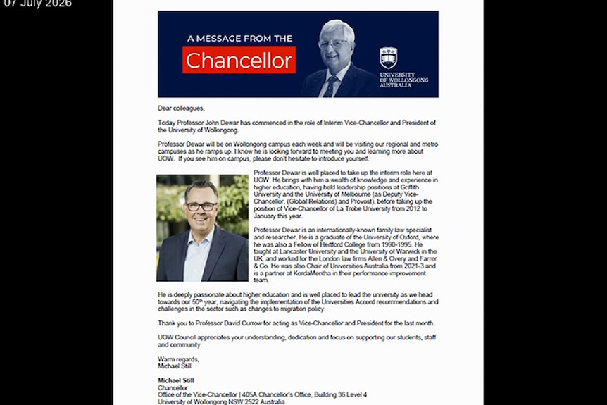 Four panel screen shot with a media release on left side and three people on right.