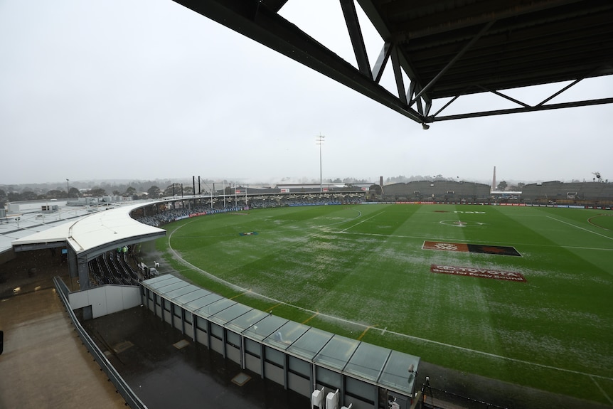 Mars Stadium during the rain before the 2025 AFLW Round 11 match between the Western Bulldogs and the Geelong Cats.
