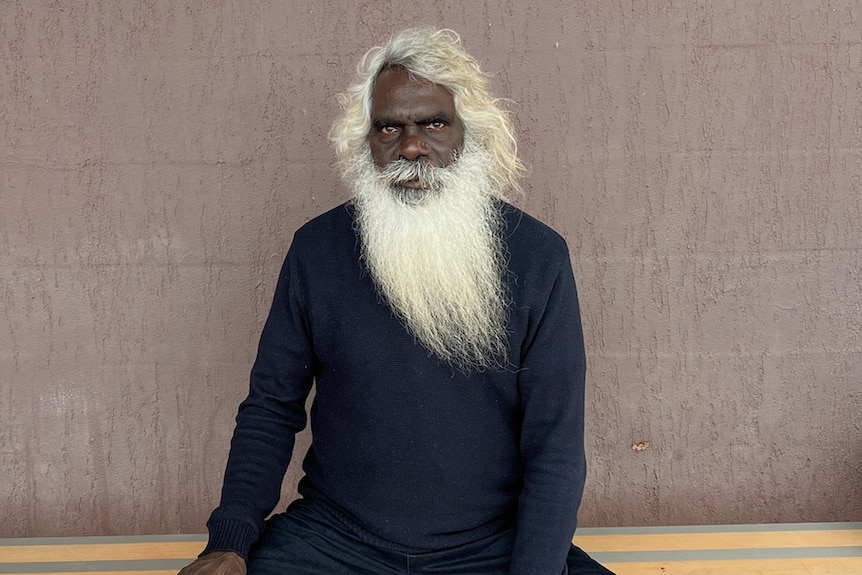 An Indigenous man with a long white beard and fluffy hair looks at the camera with a serious facial expression.