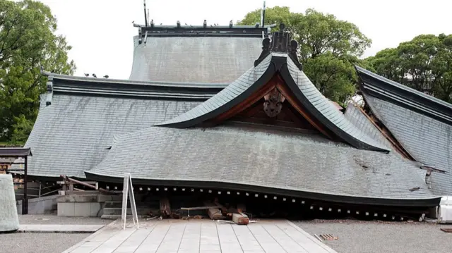 Part of the Yatsushiro Shrine is seen damaged, after an earthquake struck the are