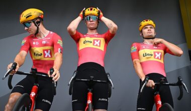 Jonas Abrahamsen, Soren Waerenskjoldand Anthon Charmig of Denmark and Team Uno-X Mobility prior to the 113th Tour de France 2026, Stage 12