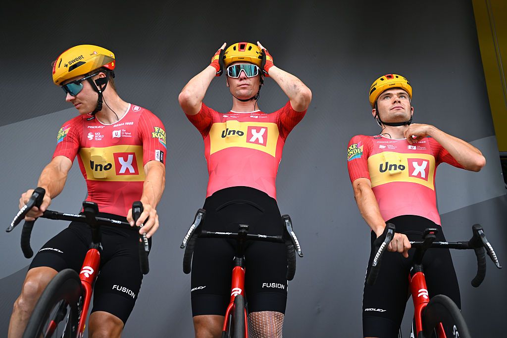 Jonas Abrahamsen, Soren Waerenskjoldand Anthon Charmig of Denmark and Team Uno-X Mobility prior to the 113th Tour de France 2026, Stage 12