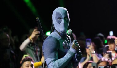 Ryan Reynolds in Deadpool cosplay speaks during Marvel Studios’ presentation at Comic-Con International in San Diego, California, July 25, 2026. (AFP Photo)