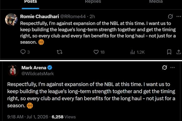 Rival NBL club owners Romie Chaudhari (South East Melbourne Phoenix) and Mark Arena (Perth Wildcats) posted matching statements on X.