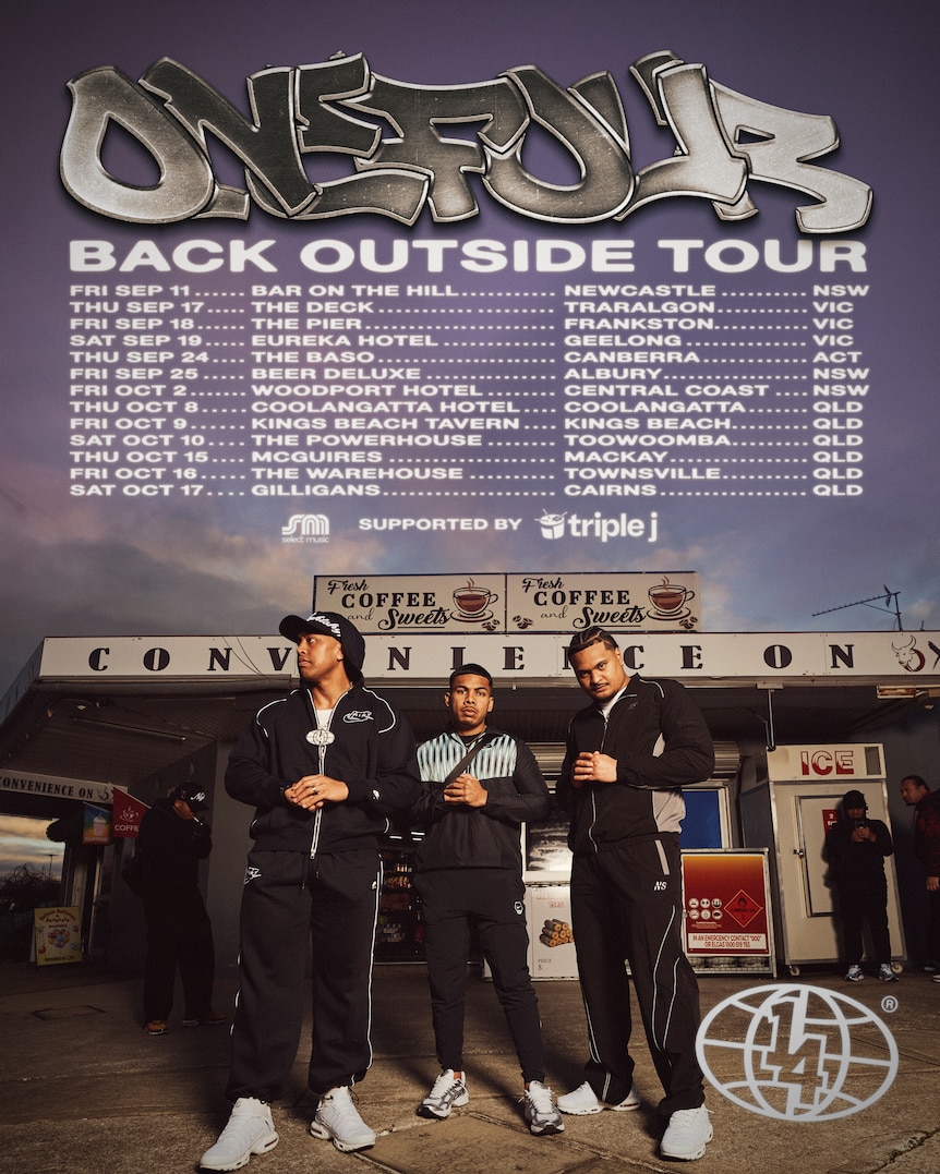 Photo of three men in tracksuits standing in front of a convenience store. White text details tour dates.
