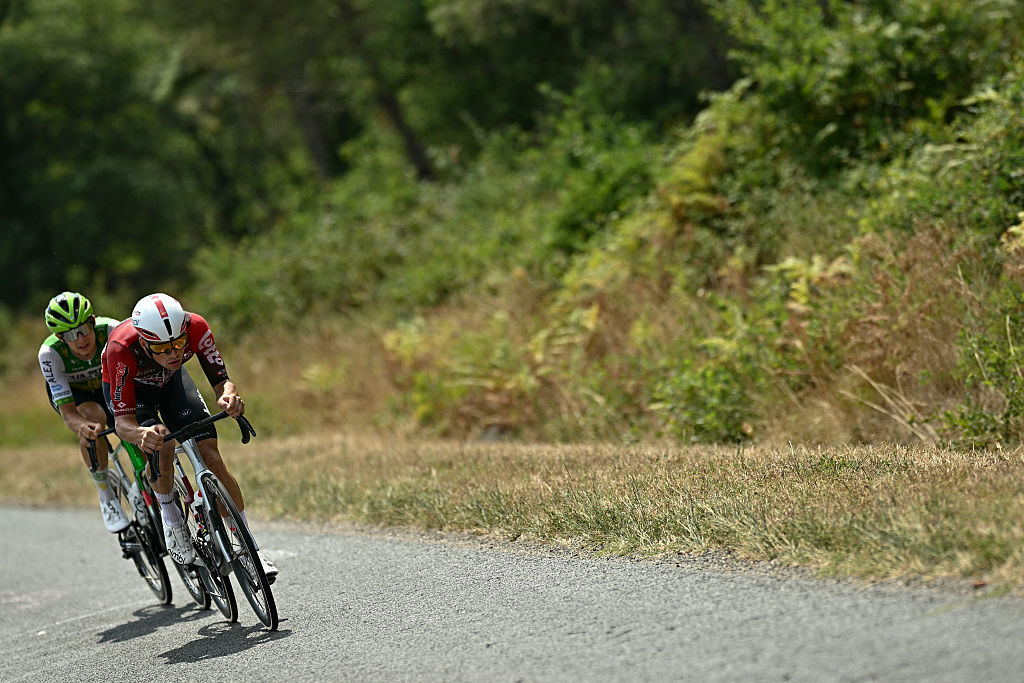Caja Rural - Seguros RGA team's Czech rider Jakub Otruba and Lotto Intermarch&eacute; team's French rider Baptiste Veistroffer cycle in a breakaway during the 7th stage of the 113th edition of the Tour de France cycling race, 175,1 km between Hagetmau and Bordeaux in southwestern France, on July 10, 2026. (Photo by Loic VENANCE / AFP)