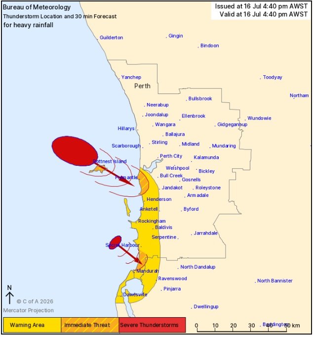The Bureau of Meteorology’s warning — which was issued at 4.40pm — says severe thunderstorms have been detected near waters west of Scarborough, Swanbourne and Secret Harbour.