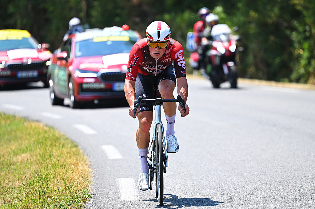 LANNEMEZAN, FRANCE - JULY 08: Baptiste Veistroffer of France and Team Lotto Intermarche attacks during the 113th Tour de France 2026, Stage 5 a 158.3km stage from Lannemezan to Pau / #UCIWT / on July 08, 2026 in Lannemezan, France. (Photo by Tim de Waele/Getty Images)