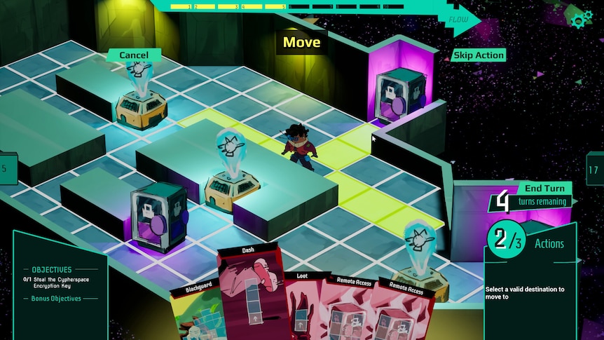 A grid based screenshot from a video game with colourful squares and human in the middle of frame