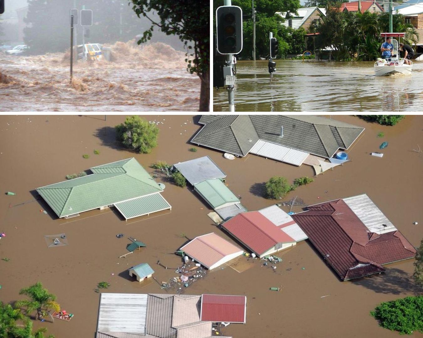 Collage of three images showing flood damage.