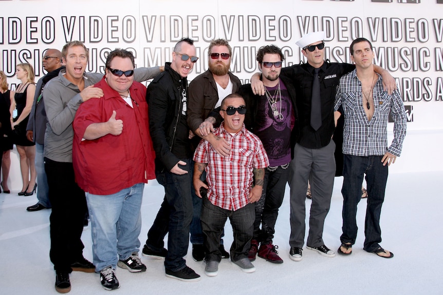 The Jackass cast, including Ryan Dunn (centre), at the 2010 MTV Video Music Awards, nine months before Dunn's death.