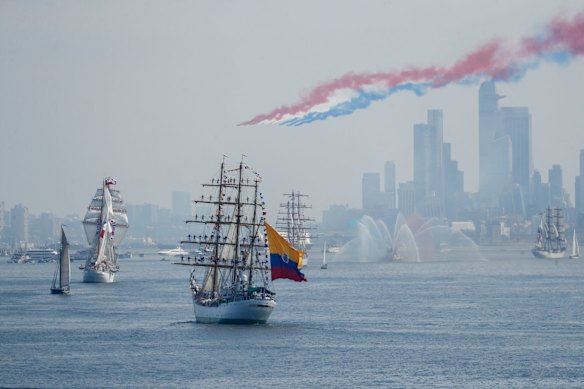 The Patrouille de France perform a flyover during the Sail4th 250 Tall Ships Parade along the Hudson River in New York.