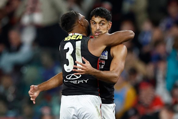 Nasiah Wanganeen-Milera, being embraced by teammate Liam Ryan, was the match-winner for St Kilda.