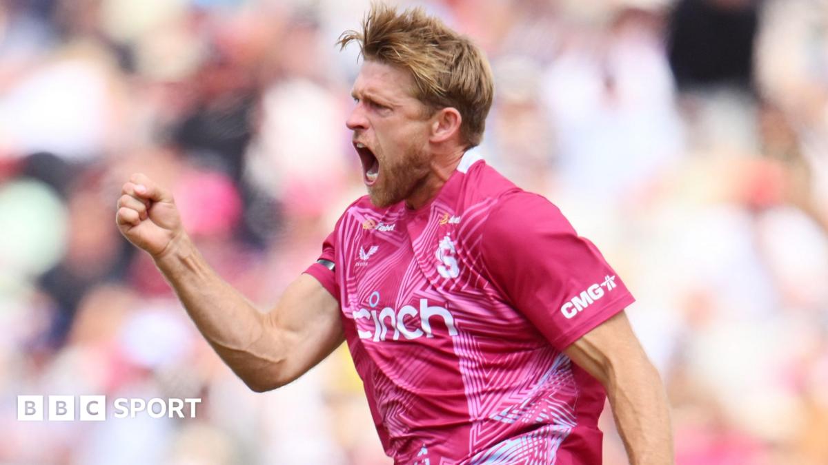 David Willey, wearing a Northamptonshire Steelbacks pink jersey, jumps in the air with his fist pumped to celebrate a wicket against Somerset in the T20 Blast semi-final
