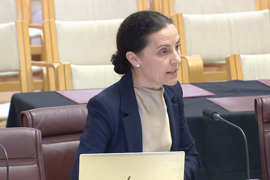 Amanda Wicks with a hair bun and blazer, sitting at a hearing talking into a desk microphone.