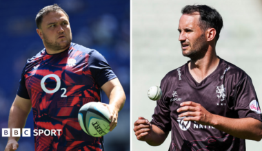 Jamie George (left) holding a rugby ball in his left hand and Lewis Gregory (right) juggling a cricket ball in front of him