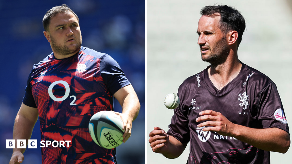 Jamie George (left) holding a rugby ball in his left hand and Lewis Gregory (right) juggling a cricket ball in front of him