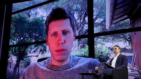 OpenAI CEO Sam Altman (virtual) with CommBank CEO Matt Comyn.