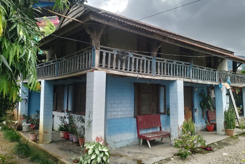 Blue house with tropical trees