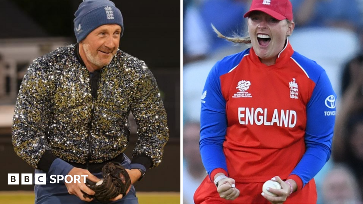 Split image of England's fielding coach in a sparkly jacket and Sophie Ecclestone roaring with delight after a catch