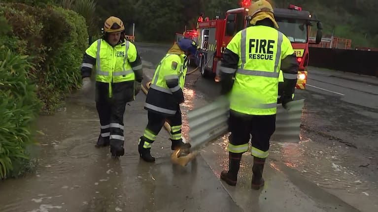 Emergency services assist at the scene of flooding in Kaikōura.