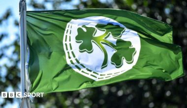 A Cricket Ireland flag fluttering in the wind