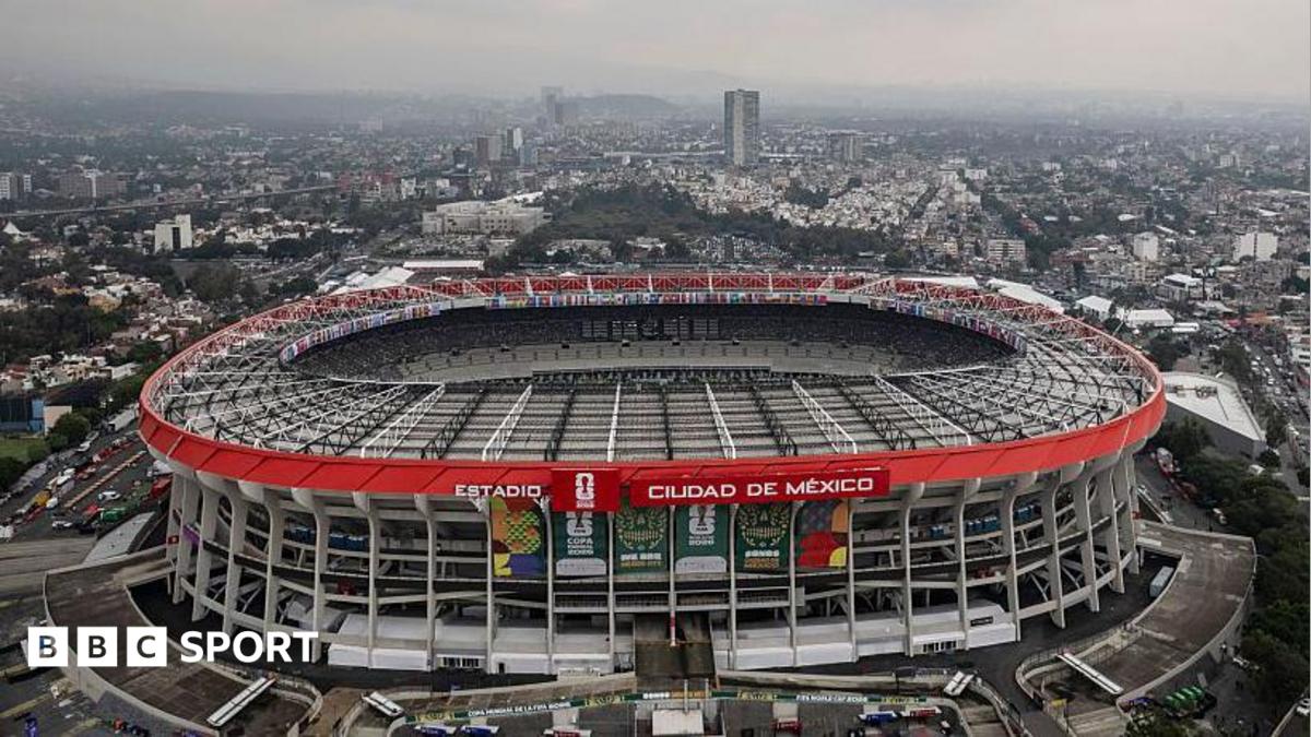 An aerial view of the exterior of the Azteca Stadium