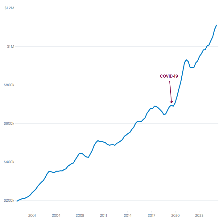 A chart showing house prices increasing from 1999 to 2024, noting the spike after the COVID-19 pandemic.