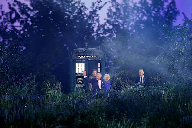 King Charles III and Queen Camilla wave after walking out of the TARDIS during the opening ceremony ahead of the Glasgow 2026 Commonwealth Games at The Hydro on July 23, 2026 in Glasgow, Scotland.