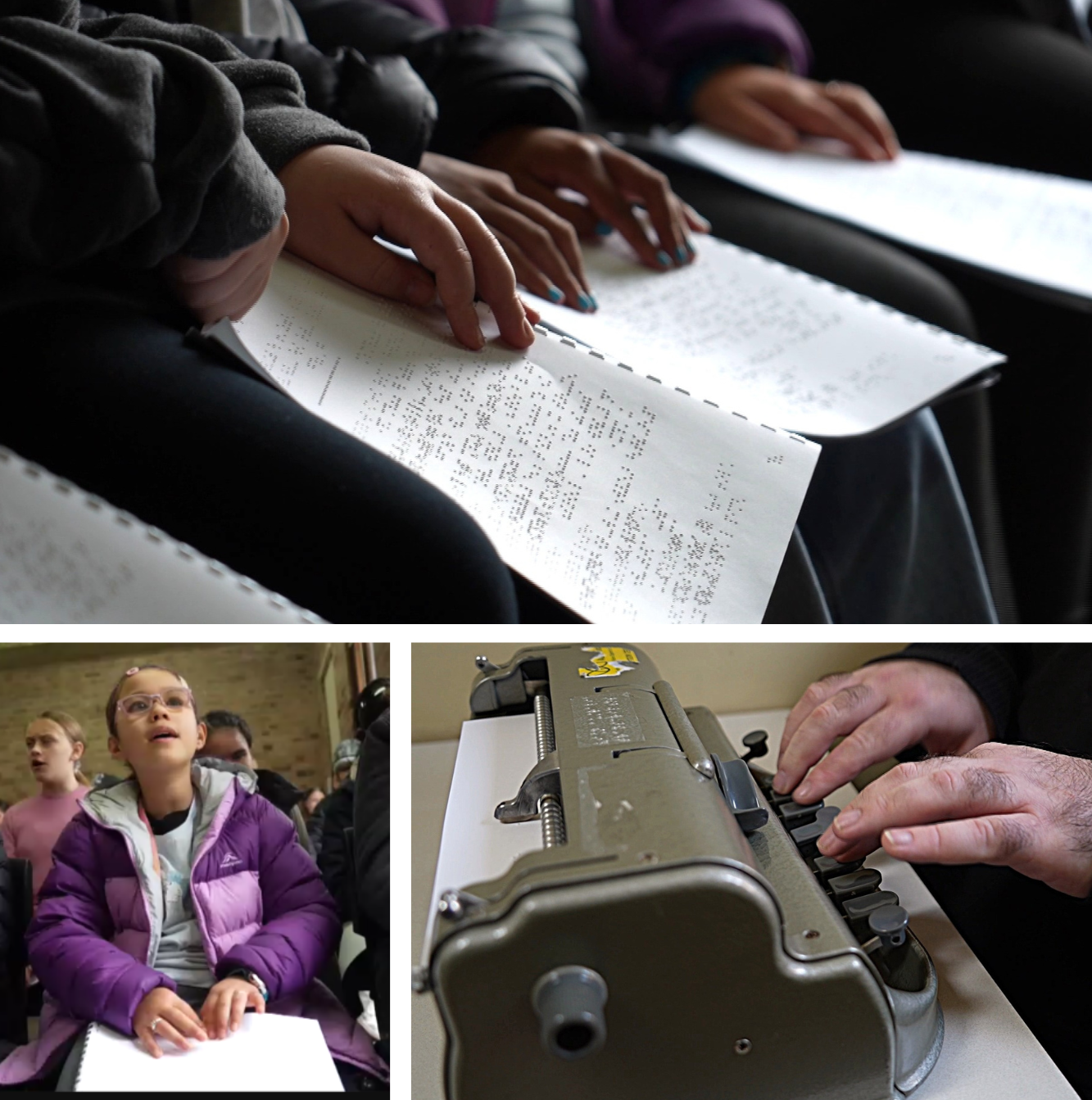 Three images, two showing singers feeling braille songsheets and one with hands typing.