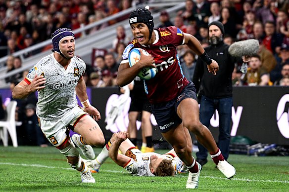 Treyvon Pritchard scores his first Super Rugby try for Queensland in May.