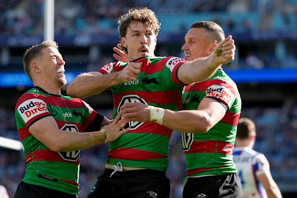 Campbell Graham celebrates a try on Sunday.