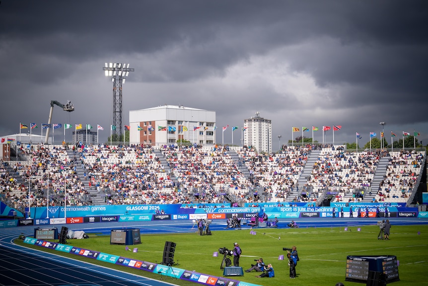 Cloudy skies over Scotstoun Stadium during the 2026 Glasgow Commonwealth Games.