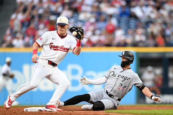 Bazzana covering second base for the Guardians.