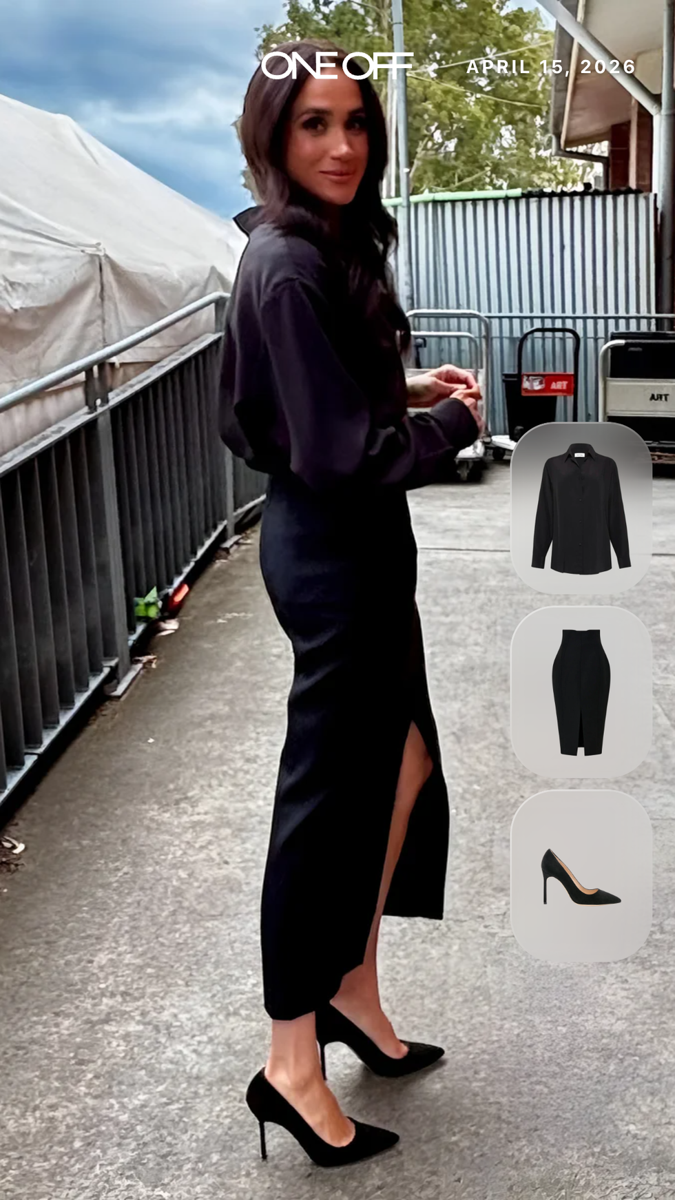 Woman in a black outfit with a long skirt and heels, posing outdoors near a fence on an overcast day.