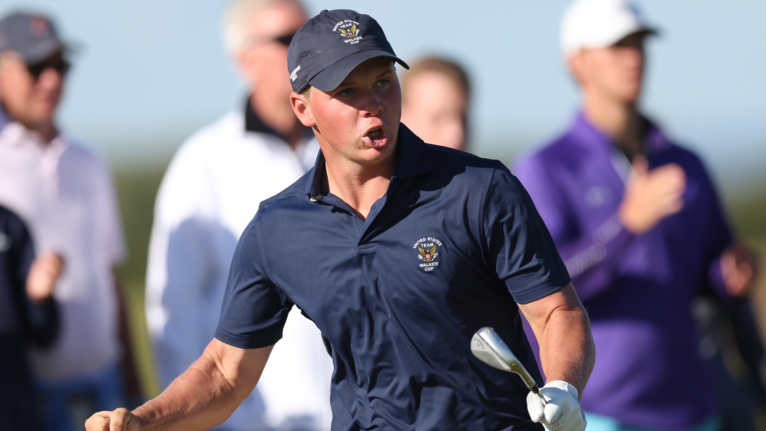 Caleb Surrat celebrates winning his match at the 2023 Walker Cup