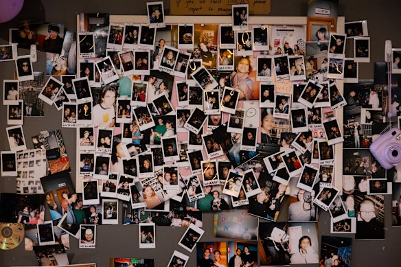 A polaroid wall inside FBi Radio headquarters.