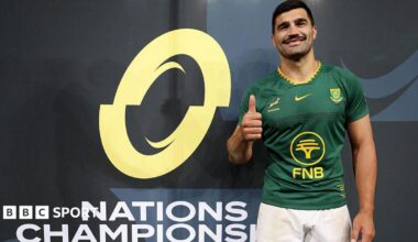 Damian de Allende poses after being named man of the match