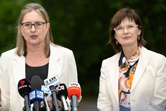 Jacinta Allan and Mary-Anne Thomas, the then health minister, announcing the Women’s Pain Inquiry in 2024. 