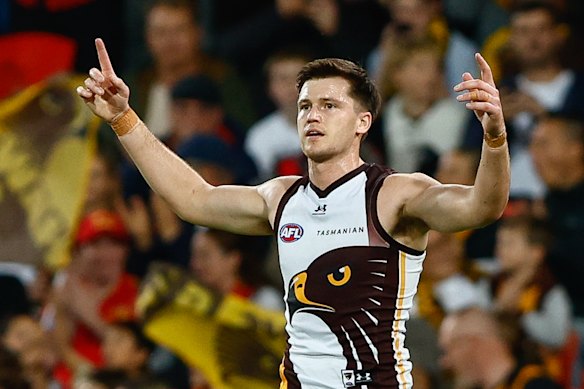 Mitch Lewis has kicked 30 goals for the Hawks as part of a stacked forward line.