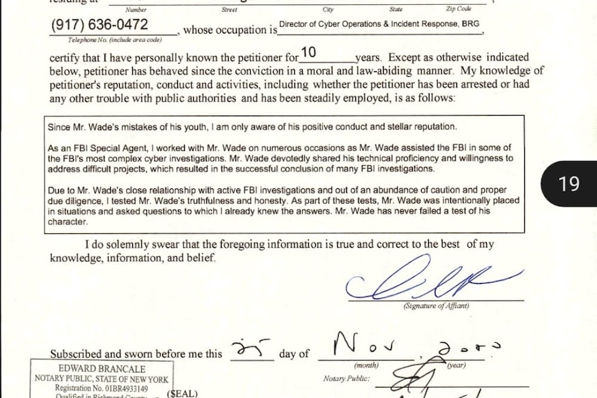 A character affidavit for Chris Wade, from Chris Tarbell, pushing for a presidential pardon.
