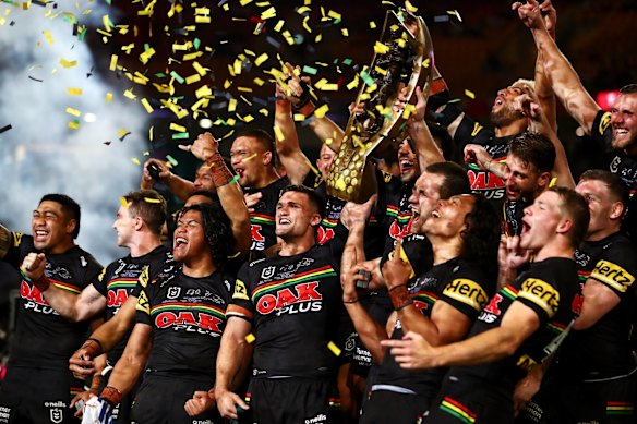 Penrith celebrate their 2021 grand final win.