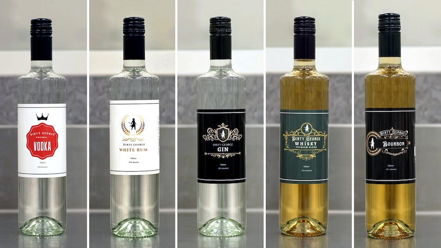 A composite image showing five bottles of Dirty George spirits.