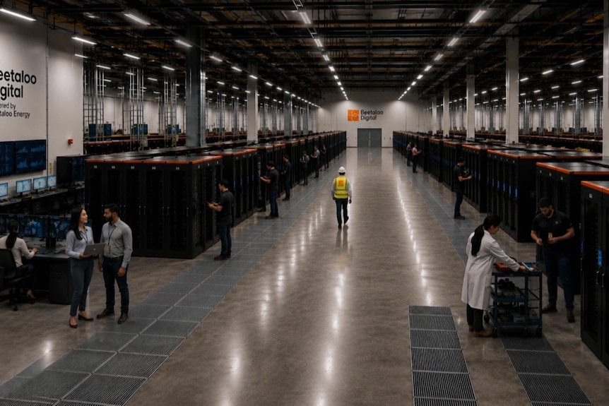An AI generated image shows banks of servers inside the proposed facility.