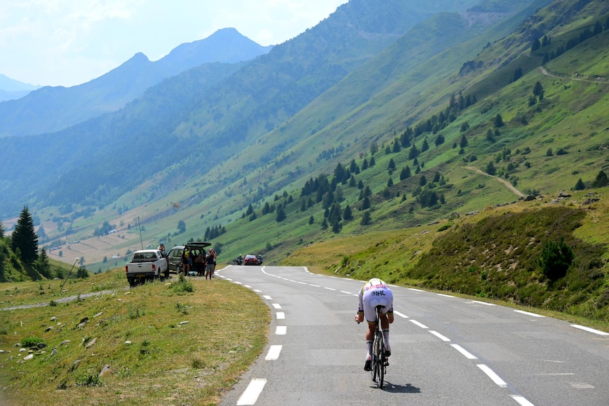 Tadej Pogačar rides on his own