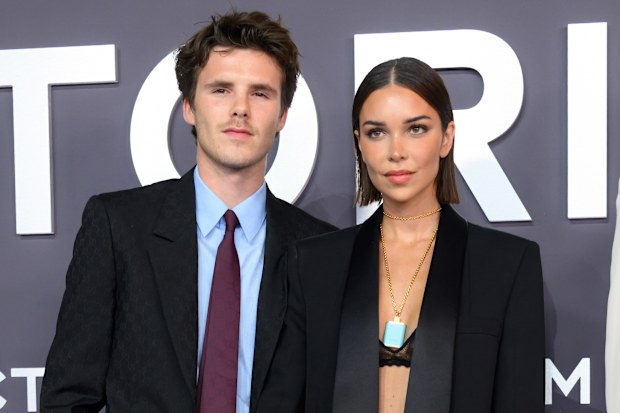 Cruz Beckham and Jackie Apostel attend the "Victoria Beckham" World Premiere at the Curzon Mayfair on October 08, 2025 in London, England.