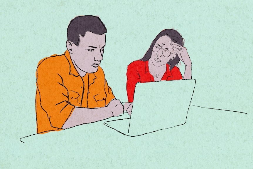 An illustration of a man and woman looking upset sitting near a laptop. Woman wears glasses, hand on forehead, looks at man.