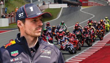 Max Verstappen looks at the start of a MotoGP race in a composite