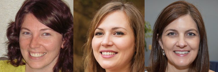 Three faces in a row with text